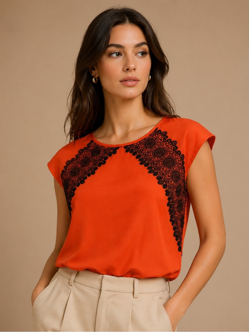 Lane Bryant Orange Cap-Sleeve Top with Black Lace Panels